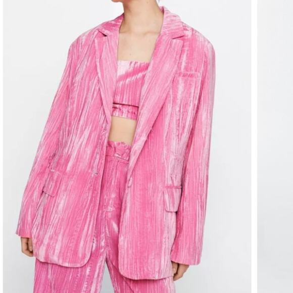 Crinkle Velvet Pink Blazer, Oversized jacket, 2 button Size 10 - Picture 1 of 5